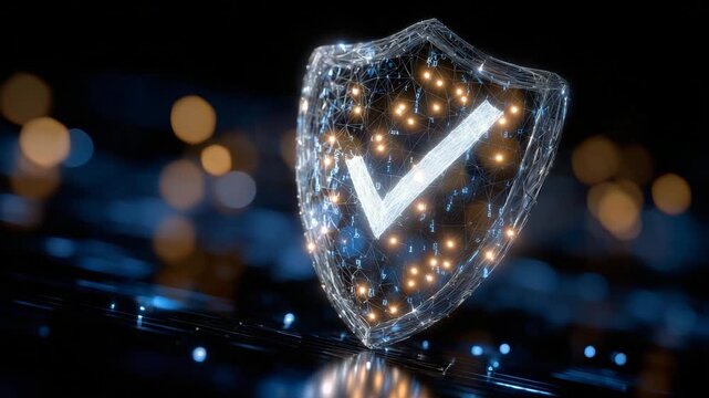 70High-tech design of a radiant shield with white checkmark glowing through its translucent surface, small binary codes subtly floating in the dark background