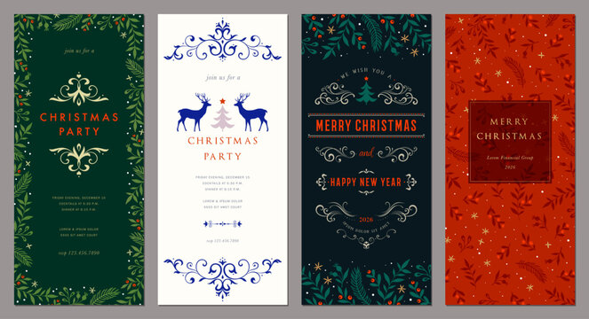 Fototapeta Winter Holiday cards. Abstract Christmas tall templates 4x9 with decorative Christmas Tree, reindeers, ornate floral background and frame with copy space and greetings.