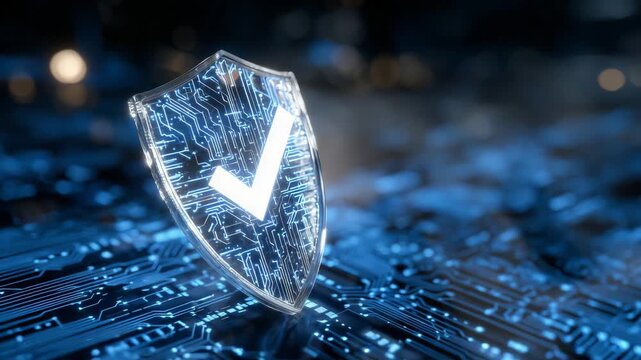 72Conceptual digital art showing a floating illuminated shield with glowing circuitry patterns, centered checkmark shining bright against a dark blue matrix backdrop