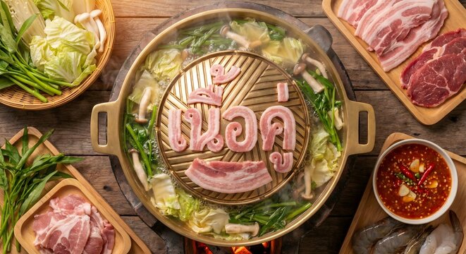 Thai BBQ (Moo Krata) Brass Pan with Pork Typography