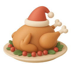 Christmas turkey wearing santa hat, served on a plate with festive berries and leaves, ready for holiday dinner celebration, 3d illustration icon with transparent background