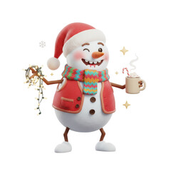 Cheerful snowman character winking, holding a mug of hot chocolate with candy canes and carrying illuminated christmas string lights, celebrating the holiday season