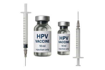 Hpv vaccine vials and syringes preparing for injection, promoting immunization, prevention of cervical cancer, and public health awareness, isolated on transparent background