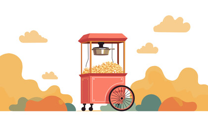 Retro popcorn machine in a colorful landscape, nostalgic snack concept