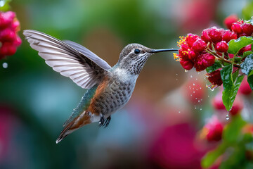 Fototapeta premium Hummingbird in midflight, sipping nectar from a vibrant flower cluster