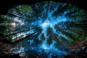 Magical forest at night with starry sky viewed from a cave or hollow log