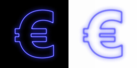 Obraz premium Glowing neon Euro symbol in bright blue on black and transparent backgrounds, modern digital currency icon