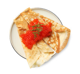 Tasty crepes with red caviar and dill isolated on white, top view