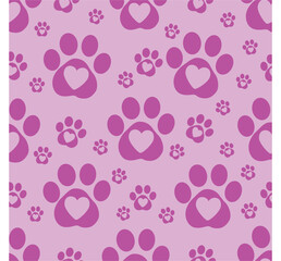 Seamless pattern of pink paw prints with heart on a light purple background