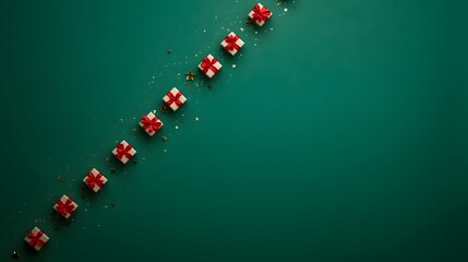 Green Christmas background with diagonal pattern of red gift boxes and flat lay copy space