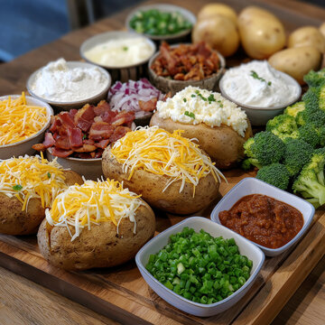 LOADED AMERICAN BAKED POTATO BAR Build your own potato paradise! Classic American loaded baked potatoes with all the fixings! 🥔 🥔 INGREDIENTS: 8 large Idaho russet potatoes 1 cup butter, whipped 2 c