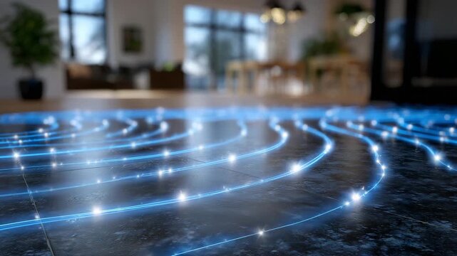 84Macro view of radiant floor heating system installation, glowing thermal tubes embedded beneath smooth flooring