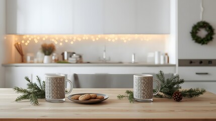 Blurred holiday kitchen interior with gingerbread cookies and hot cocoa cups on foreground counter for food overlay