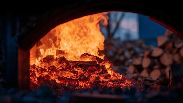 87Detailed shot of a wood briquette boiler in operation, orange glow from the combustion chamber illuminating rustic surroundings