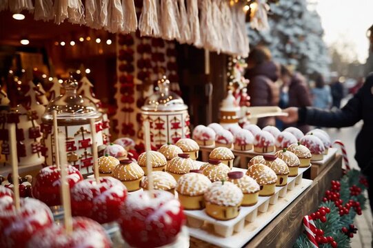 Showcase with red caramel apples on a wooden stick, fresh donuts and churros on a street Christmas market