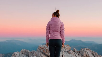 A woman triumphantly celebrates on a mountain peak at sunset.