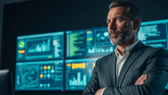Serious business executive with folded arms, standing in front of multiple screens displaying real-time data and charts