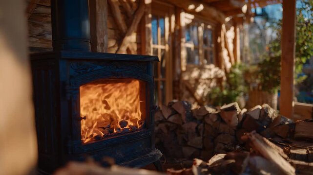 89Detailed shot of a wood briquette boiler in operation, orange glow from the combustion chamber illuminating rustic surroundings