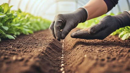 Close-up on hands in gloves planting seeds in fertile soil in a greenhouse