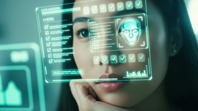 Woman interacts with augmented reality and facial recognition