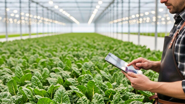 A farmer using a tablet to monitor a vast indoor field of healthy, uniform greens, showcasing smart agriculture and technology