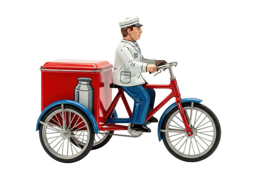 highly detailed vintage pressed tin collectible toy, classic milkman on a red tricycle, subtle patina, against a seamless white background, 100mm macro shot, concept of preserved historical value and