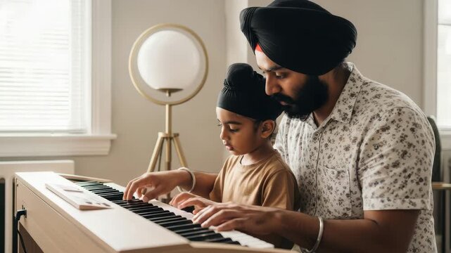 Indian father teaches young child piano keyboard music lesson