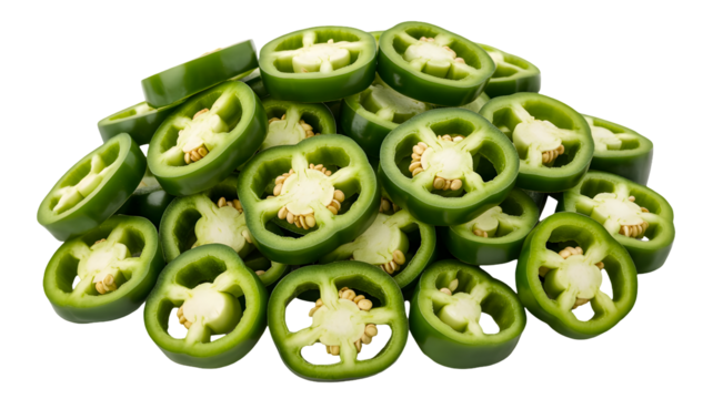 A pile of fresh vibrant green jalape o pepper slices with visible seeds and white pith isolated on transparent background