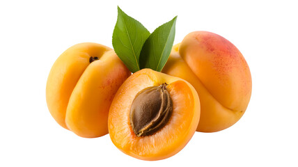 A cluster of ripe fresh apricots with two green leaves one apricot sliced in half revealing its pit isolated on transparent background