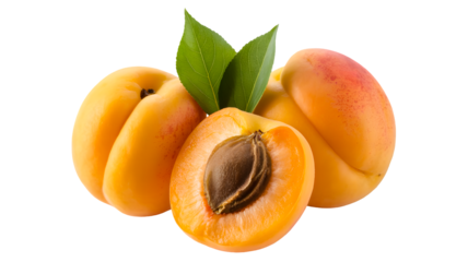 A cluster of ripe fresh apricots with two green leaves one apricot sliced in half revealing its pit isolated on transparent background