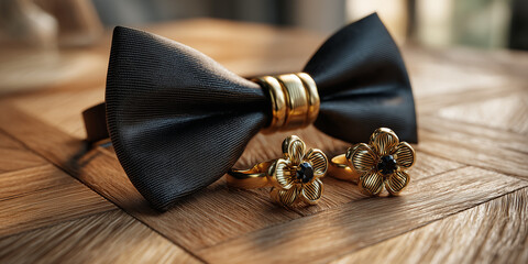Black bow tie and gold flower cufflinks on wooden surface  