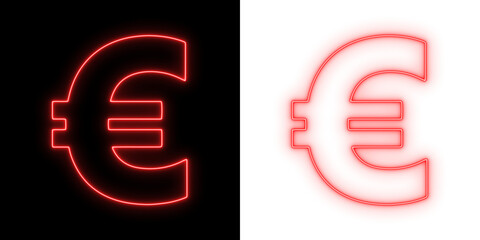 Glowing neon Euro symbol in bright red on black and transparent backgrounds, modern digital currency icon