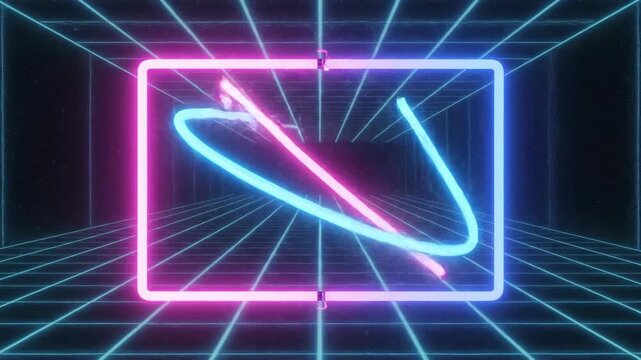 Abstract neon geometric shapes glowing on grid background