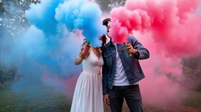 Joyful couple celebrating gender reveal with pink and blue smoke creating a  magical moment of love and anticipation for their new baby