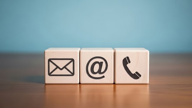 Three wooden blocks with contact icons email at symbol and phone on a wooden surface