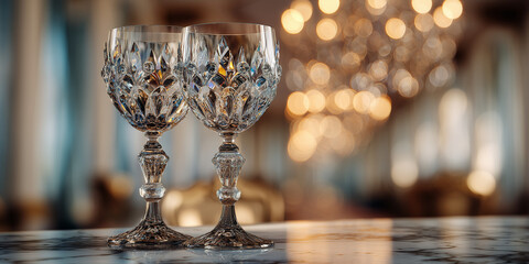 Crystal wine glasses on marble table with chandelier in background
