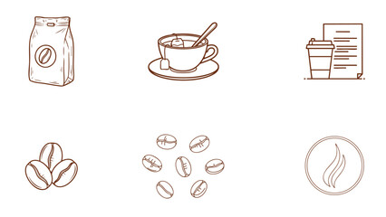 Collection of six handdrawn coffee related icons and symbols