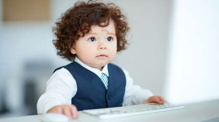 Young child in formal attire explores computer keyboard at home