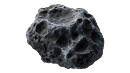 A detailed close up of a dark gray asteroid with a rough textured surface and numerous craters isolated on transparent background