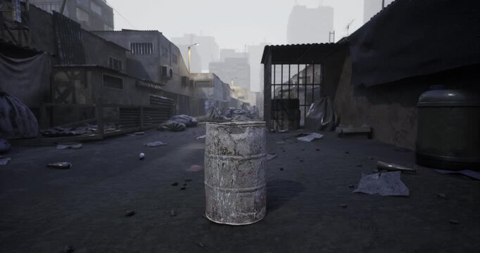 In a deserted urban environment, a rusty barrel stands alone amidst scattered debris and abandoned structures. The dim daylight highlights the neglect and decay of the area.