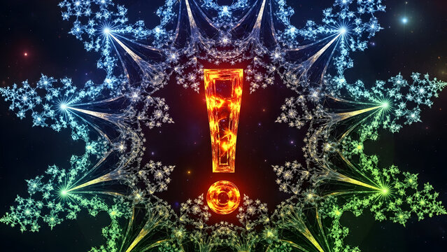 Glowing exclamation point with kaleidoscopic light burst background