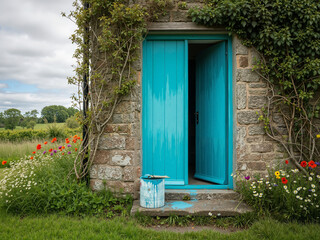 Freshly painted turquoise cottage entry with garden flowers