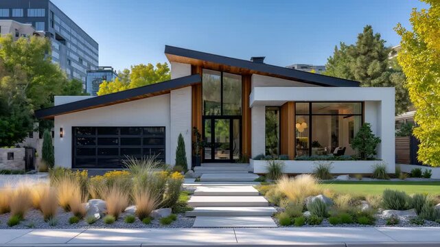 110Contemporary suburban home with white fa&ccedil;ade, slanted angular roof, dark-paneled garage door, transparent glass entryway, and minimal dry landscaping along a sunlit concrete path