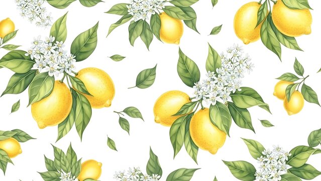 Vibrant watercolor lemon branches with blossoms seamless pattern for a fresh citrus design