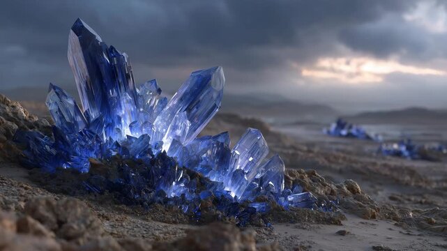 111Artistic close-up of crystalline formations glowing with deep blue light on barren terrain, stormy skies in the background emphasizing energy and technological significance