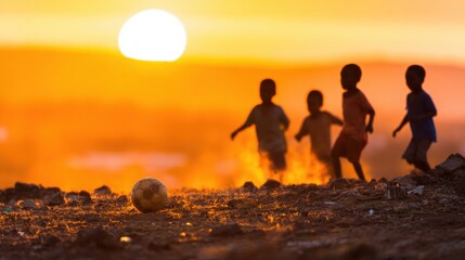Children playing soccer at sunset on a warm evening in an open ground