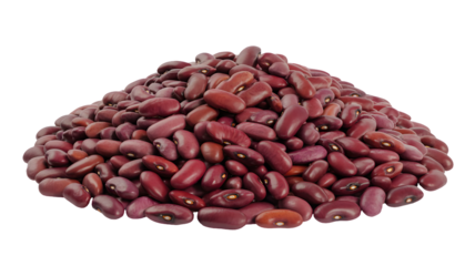 A large pile of dried red kidney beans forming a mound isolated on a transparent background for food and cooking concepts isolated on transparent background