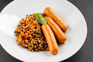 Lentils with sausage second course quick meal natural tasty appetizer fresh delicious gourmet food background on the table rustic top view copy space