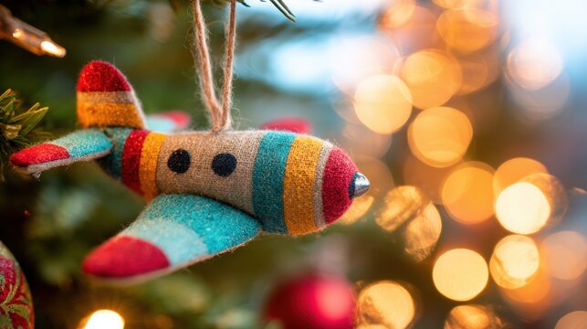 Colorful airplane ornament on a Christmas tree this holiday season