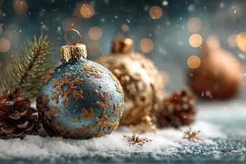 Christmas ornaments resting on snow with fir sprig and blurred lights